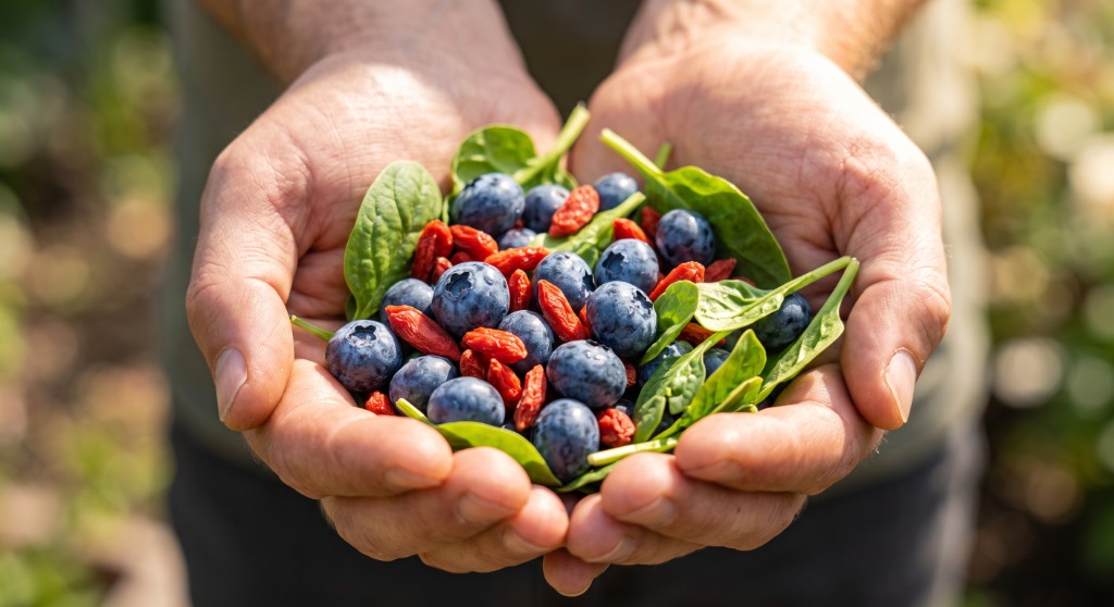 Friss áfonya, goji bogyó és spenót — természetes antioxidánsok